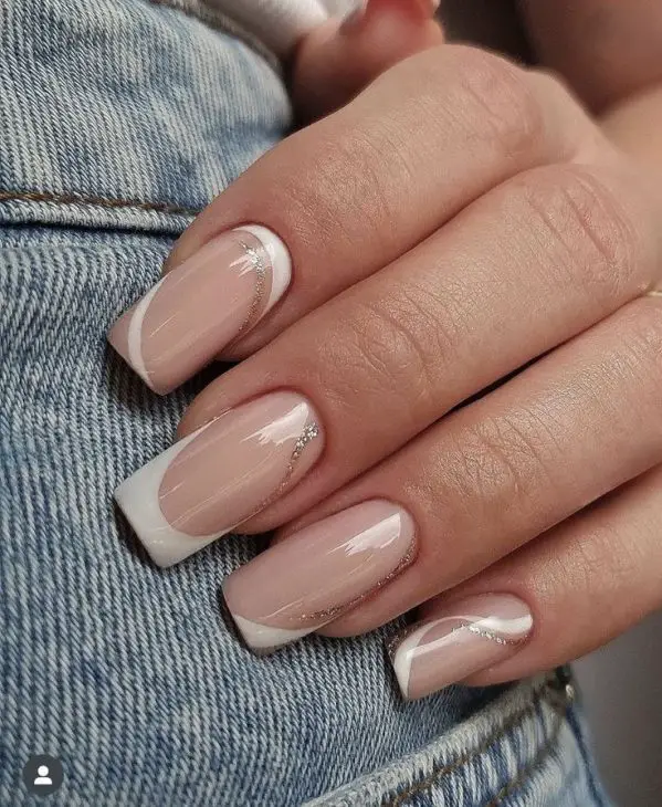 Short Neutral Acrylic Nails with Gold Floral Accents