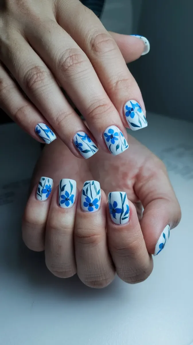 Floral Blue Accent Nails