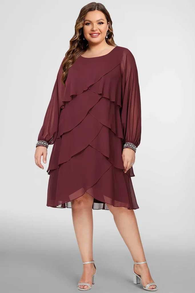 Plus-Size Valentine's Burgundy Chiffon Layered Dress