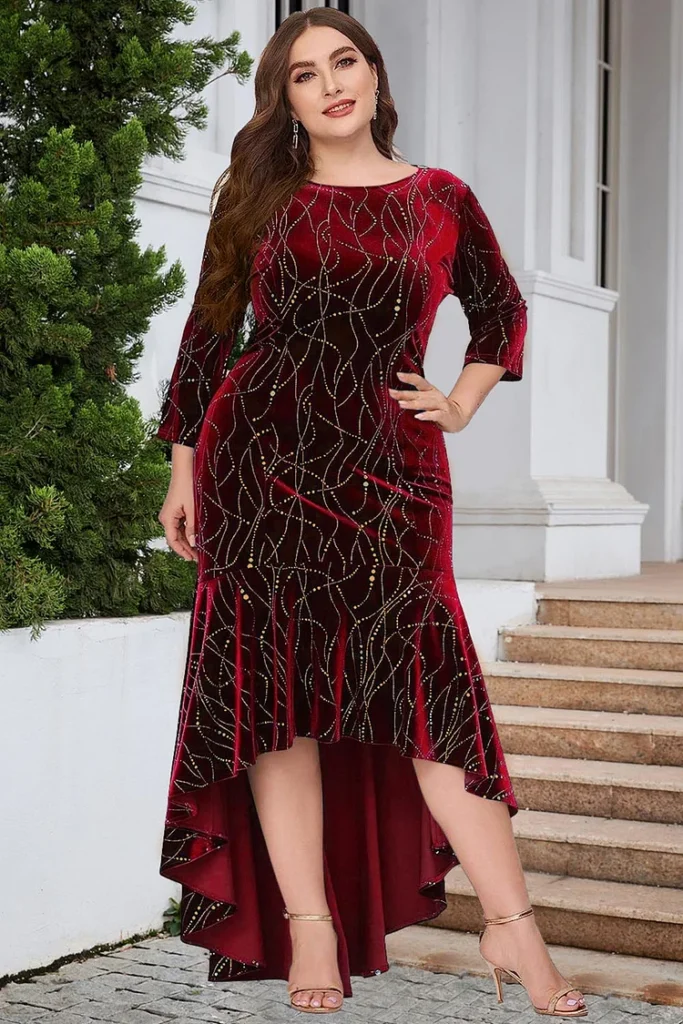 Plus-Size Valentine's Burgundy Velvet High-Low Mermaid Maxi Dress