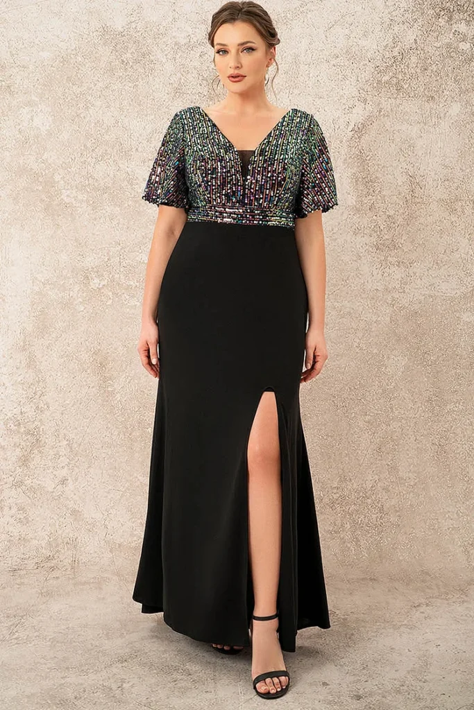 Plus-Size Valentine's Sparkly Bodycon Maxi Dress with High Slit