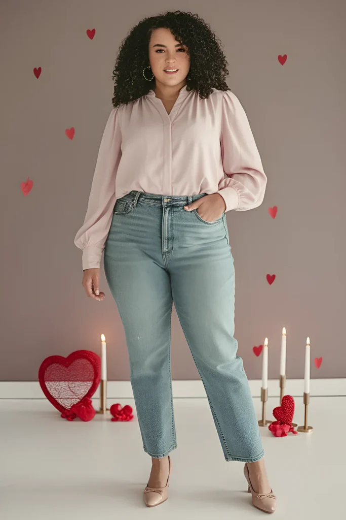 Plus-Size Valentine's Light Pink Blouse and Jeans Outfit