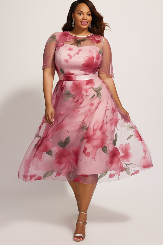 Plus-Size Valentine's Pink Floral Chiffon Midi Dress