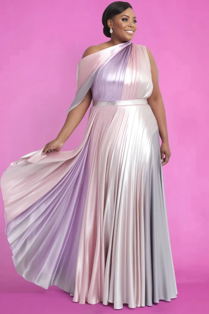 Plus-Size Valentine's Pink Gradient Oblique Collar Satin Maxi Dress