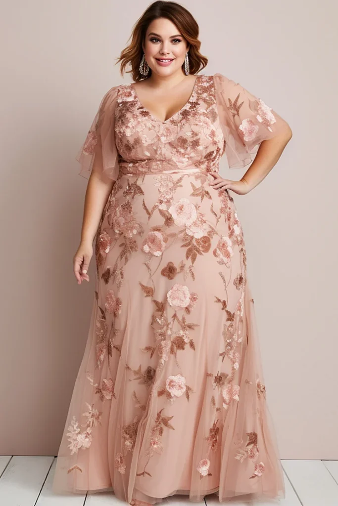 Plus-Size Valentine's Romantic Pink Mesh Embroidery Maxi Dress