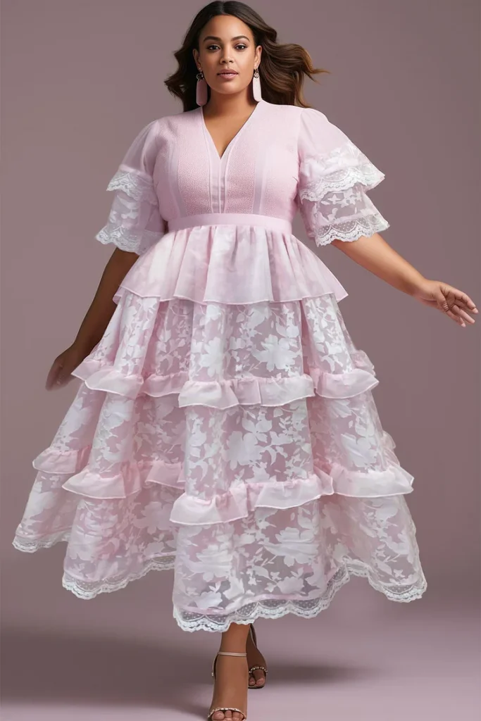 Plus-Size Valentine's Pink Lace Tiered Maxi Dress