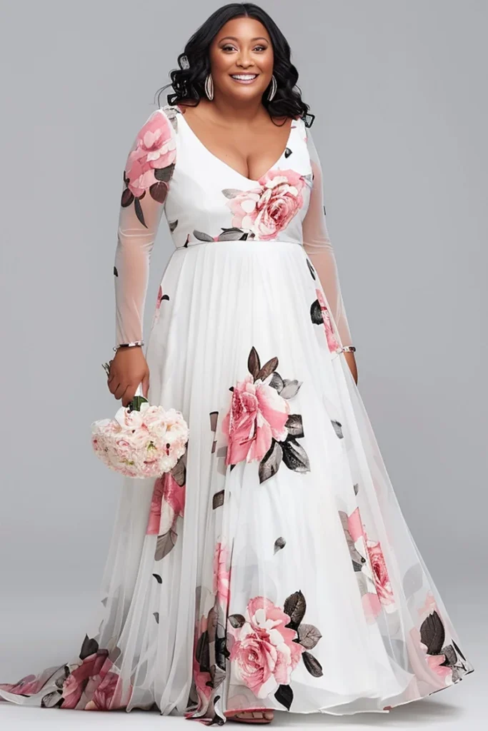 Plus-Size Valentine's White Sheer Floral Maxi Dress