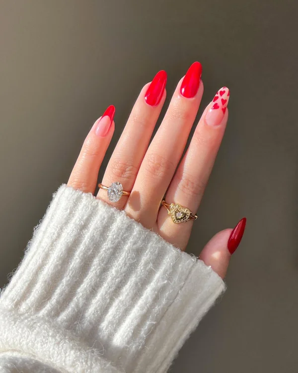 Matte Red Nails with Tiny White Heart Accents