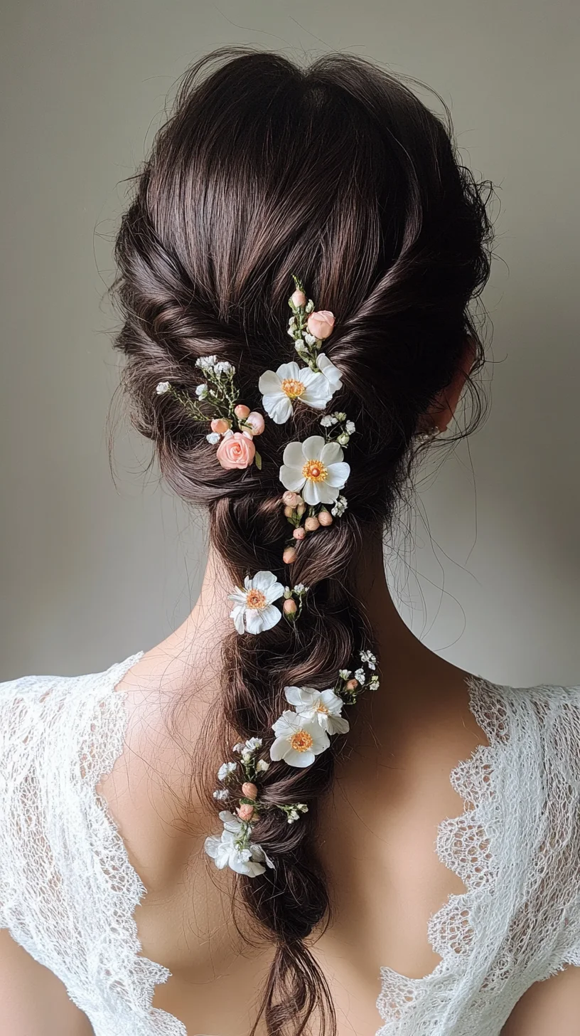 Elegant floral-adorned braid with loose waves for a whimsical aesthetic