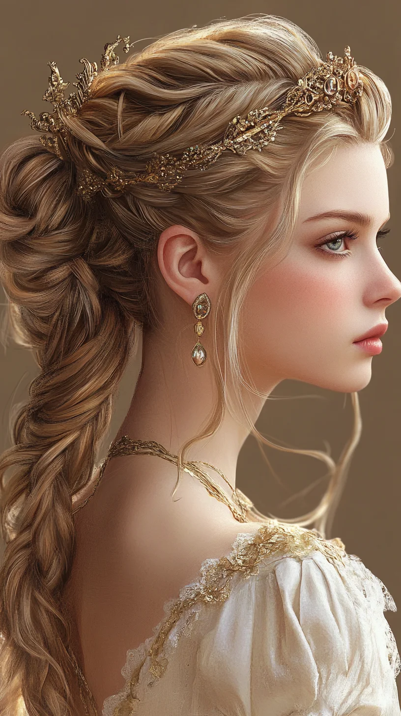 Intricate braided updo accented with golden details for regal sophistication