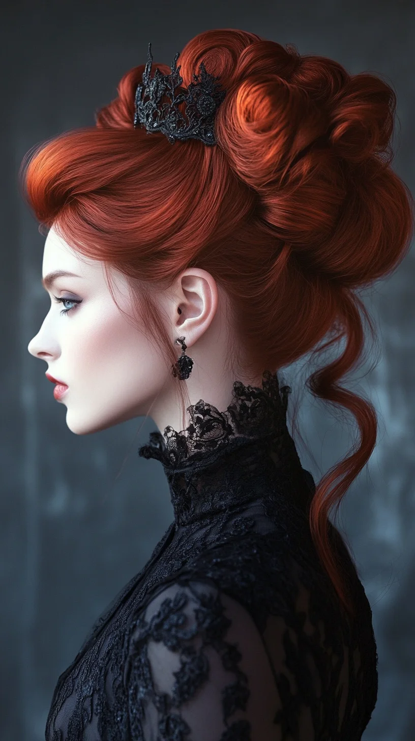 Vintage braided updo with bold red highlights accentuating elegance