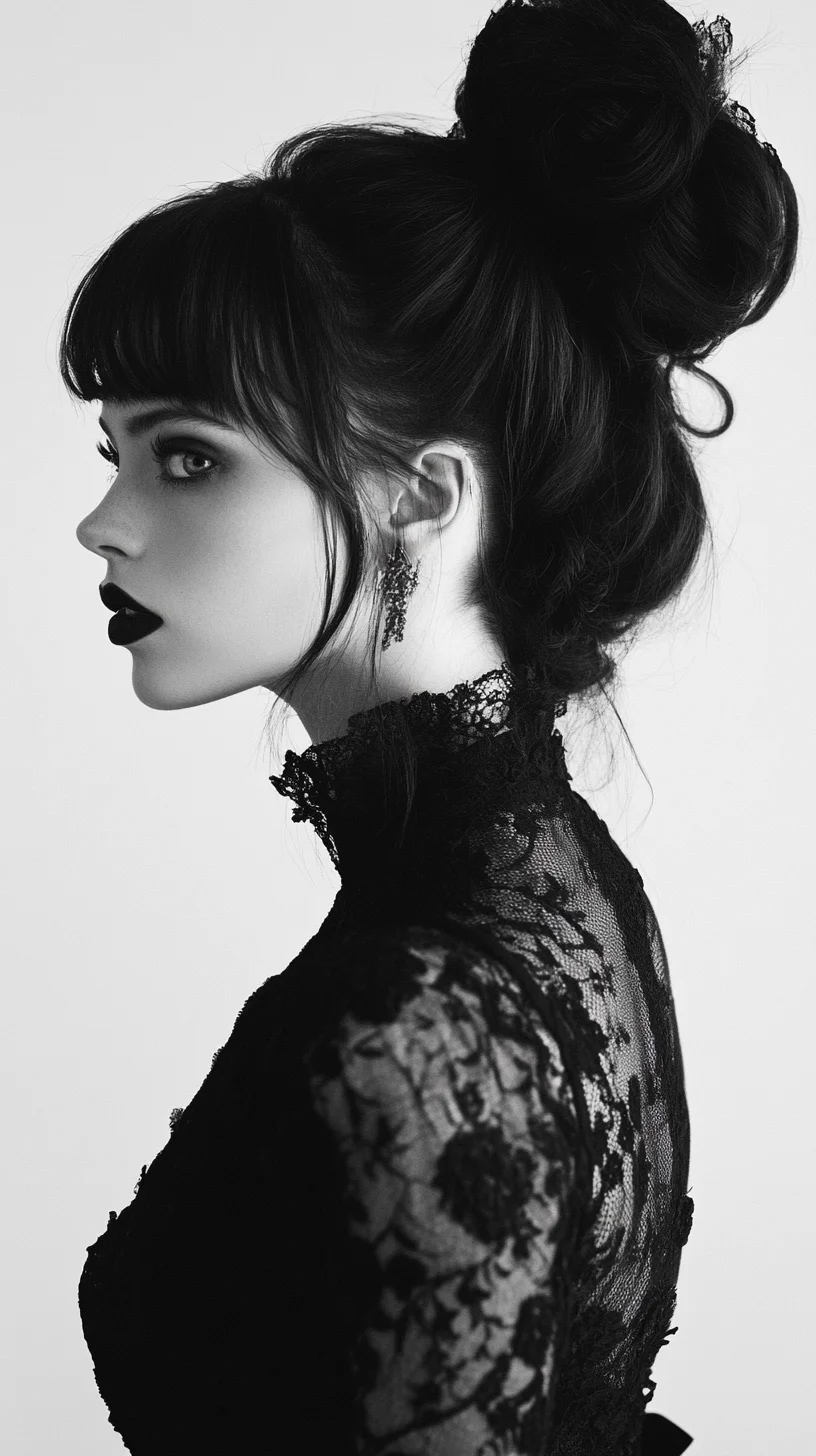 Classic polished bun paired with soft, face-framing bangs for elegance