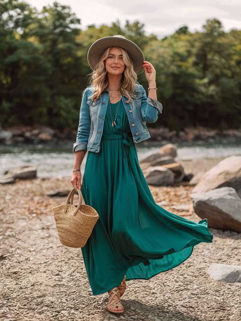 Bohemian maxi dress with layered accessories and boots