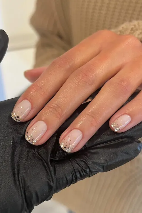 Short Nude Nails with Delicate Gold Leaf Detailing