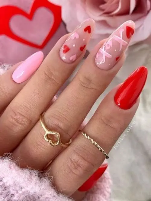 Metallic Red Almond Nails with Gold Geometric Accents