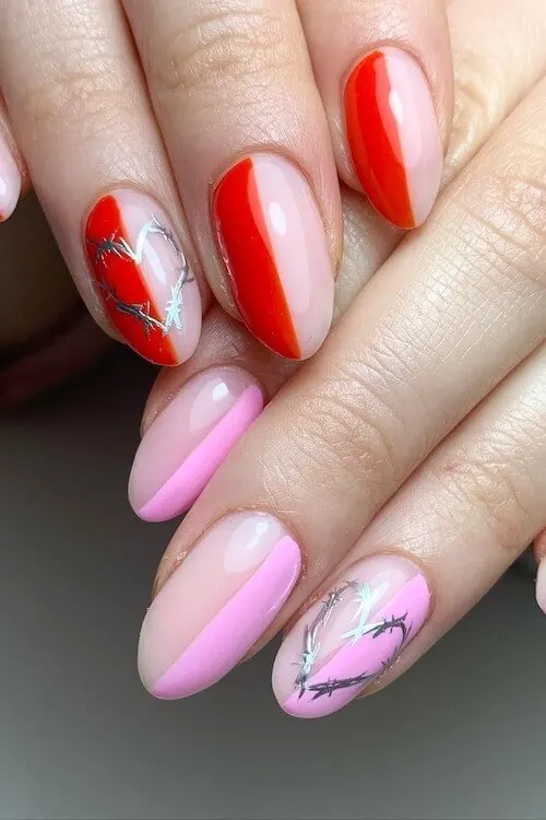 Soft Pink Nails with Geometric Lines and Glitter Accents