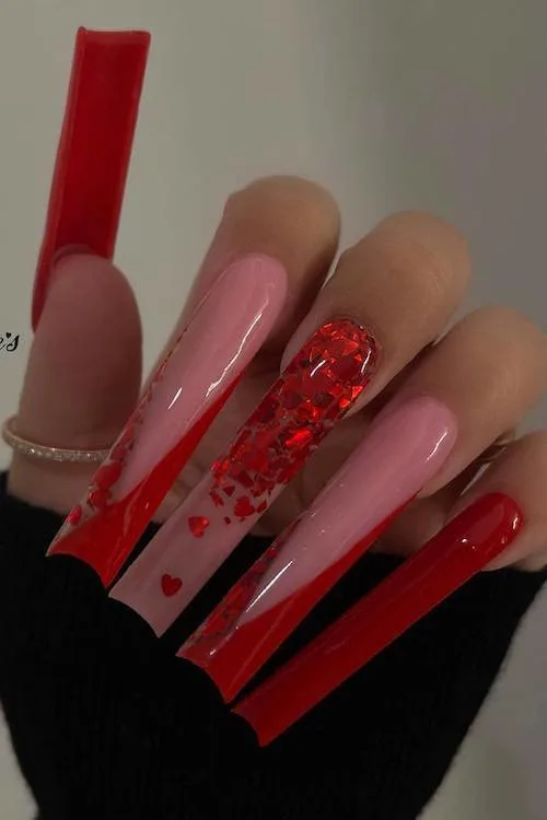 Soft Valentine’s nails with white lace patterns