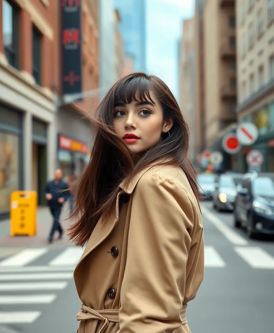 Woman with face-framing wispy bangs and layered lengths in dark brown hair.