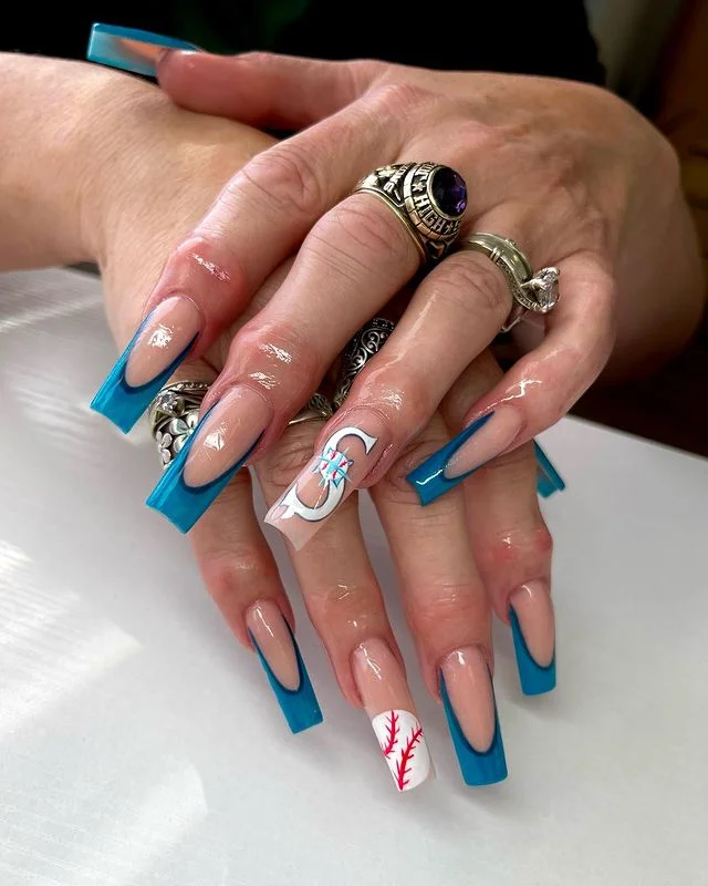 Baseball Nails with Playful Heart Stitch Details