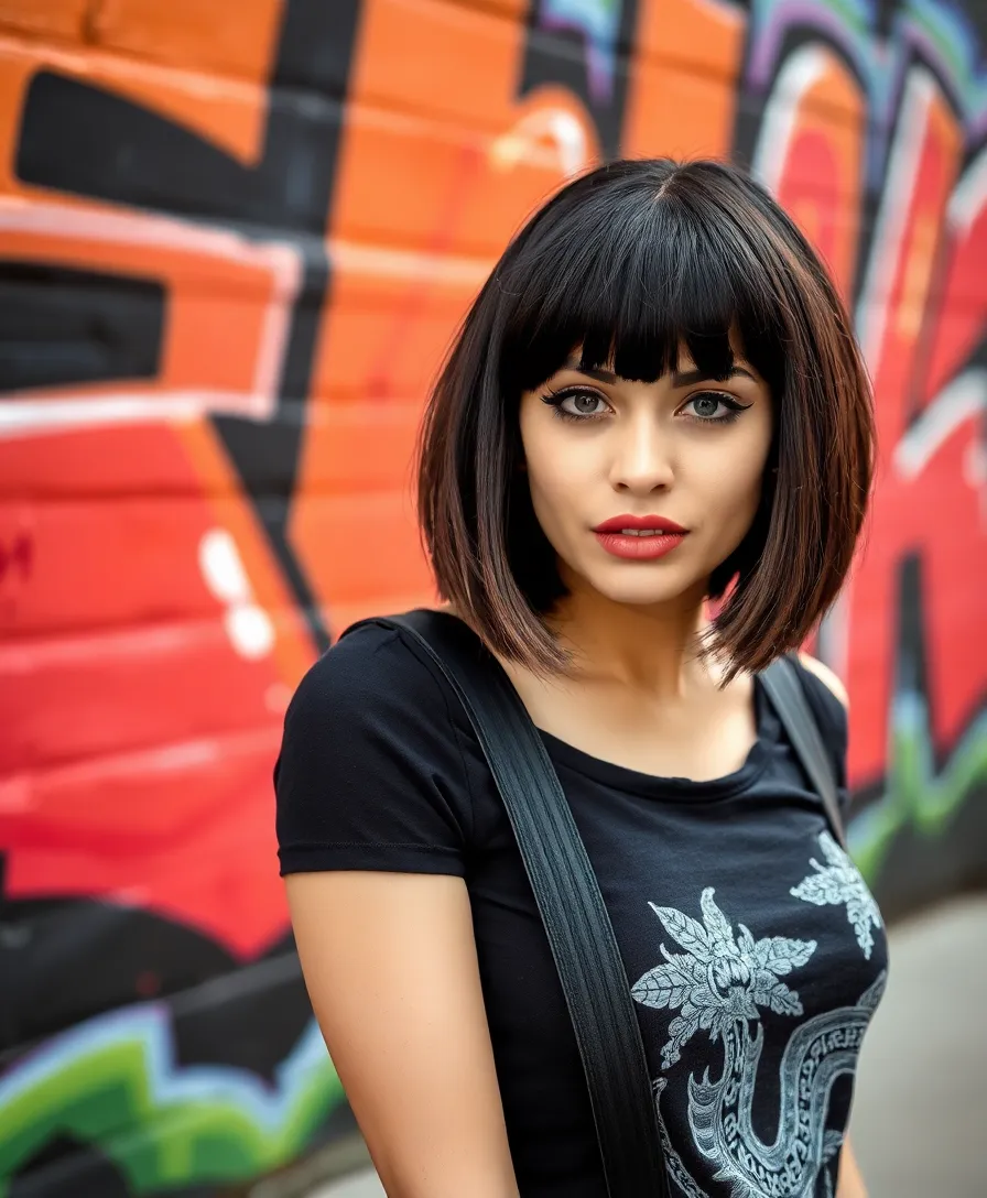 Glossy hairstyle with side-swept wispy bangs and long dark lengths.