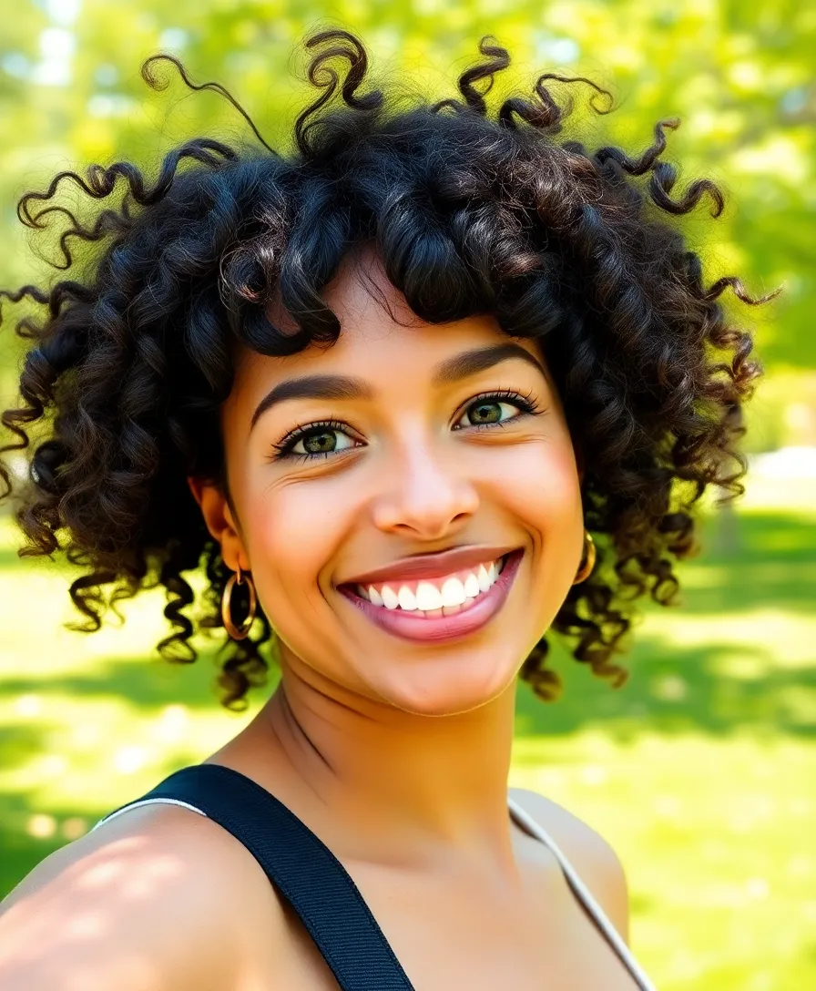 Dark shoulder-length bob with choppy wispy bangs and a sleek finish.