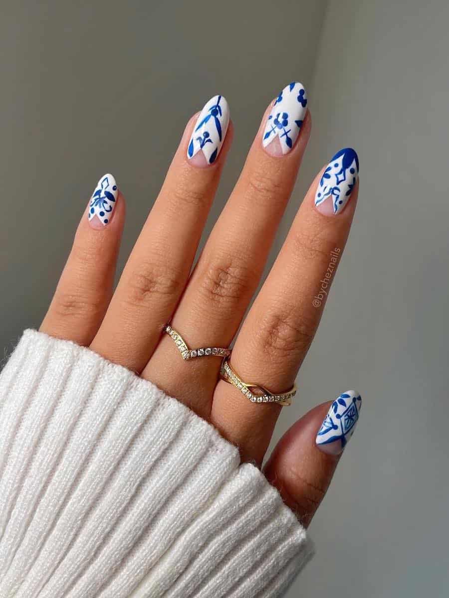 Coral Nails with White Abstract Doodle Accents