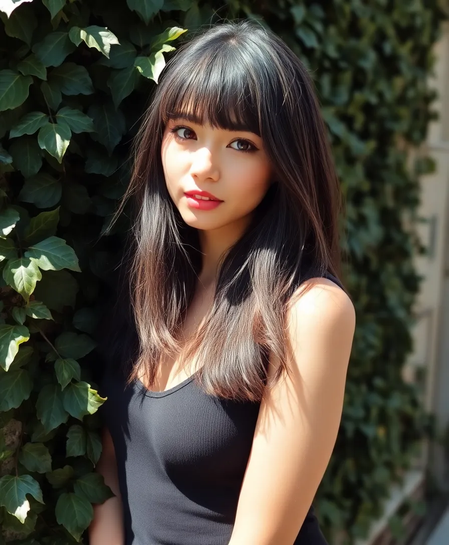 Woman with straight, sleek hair and wispy bangs that shine with a high-gloss finish.