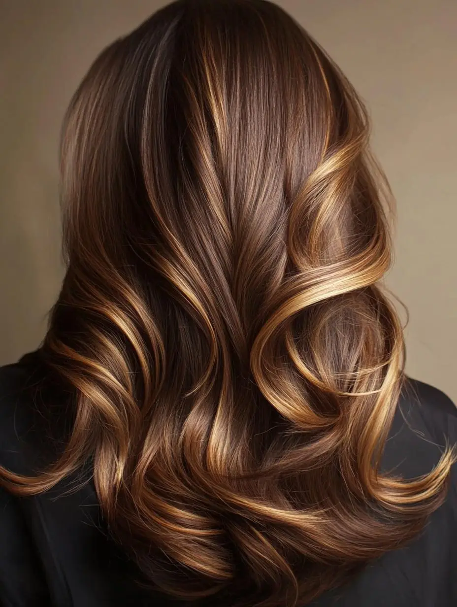 Layered brunette hair with earthy caramel highlights