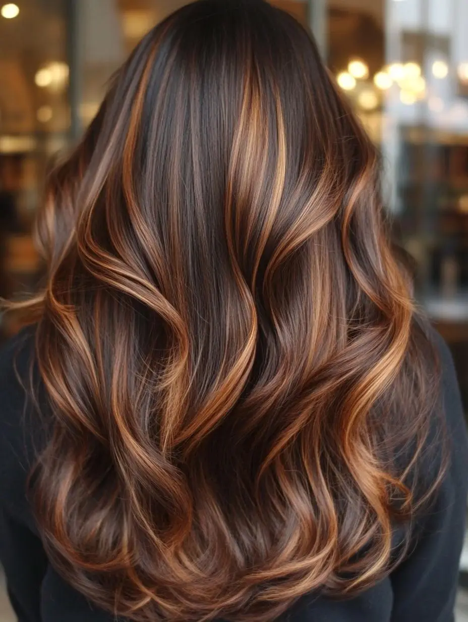 Rich chocolate brown hair with caramel lowlights