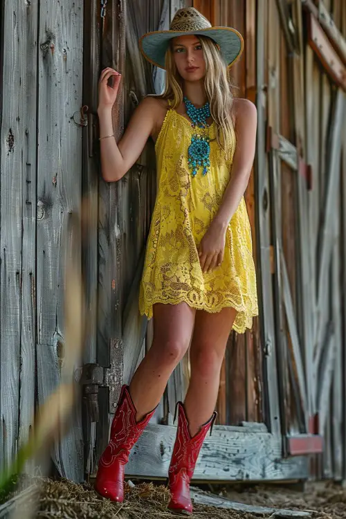 Woman in yellow lace dress with red cowboy boots