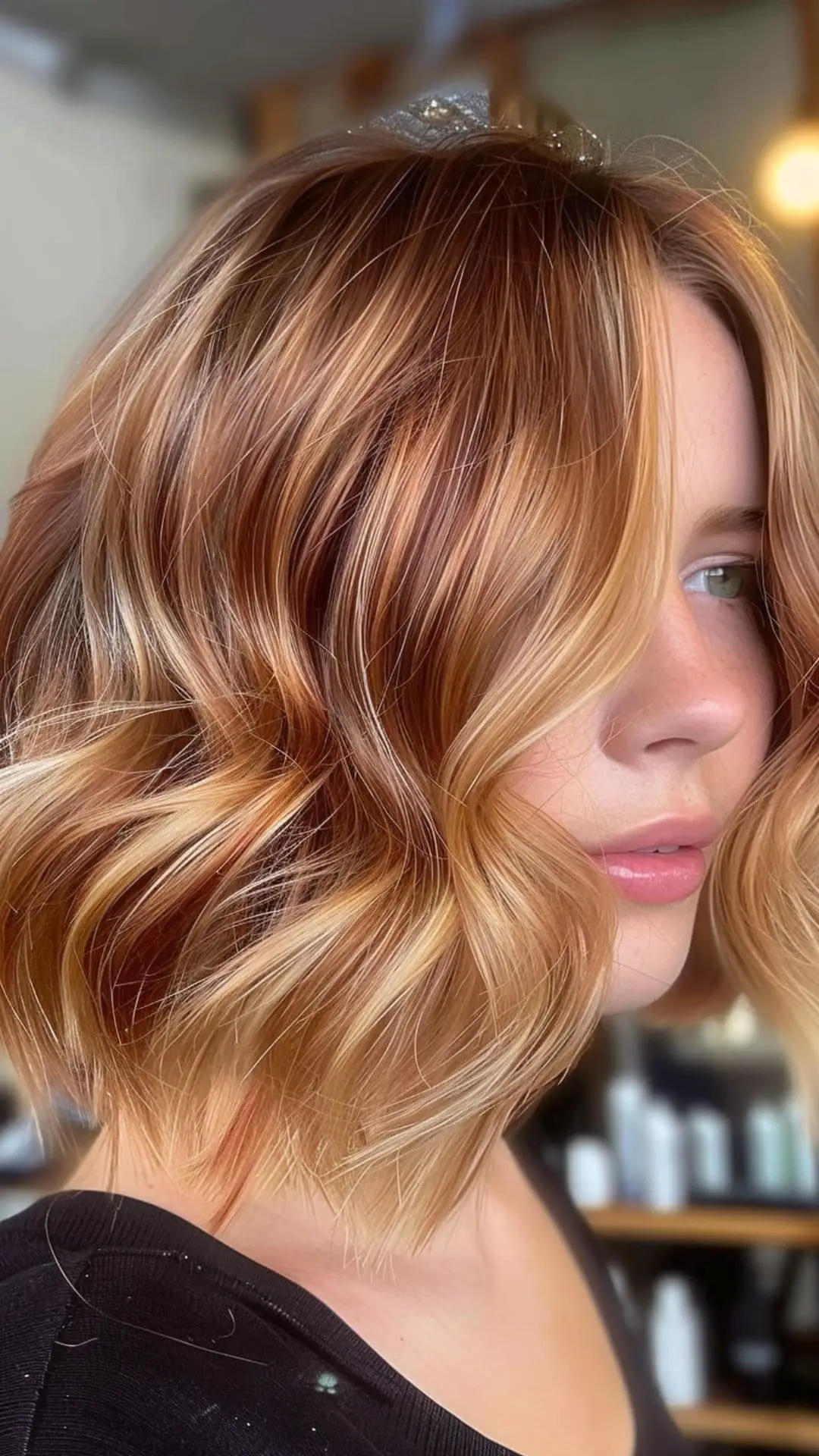 Auburn Blonde Balayage on Choppy Bob