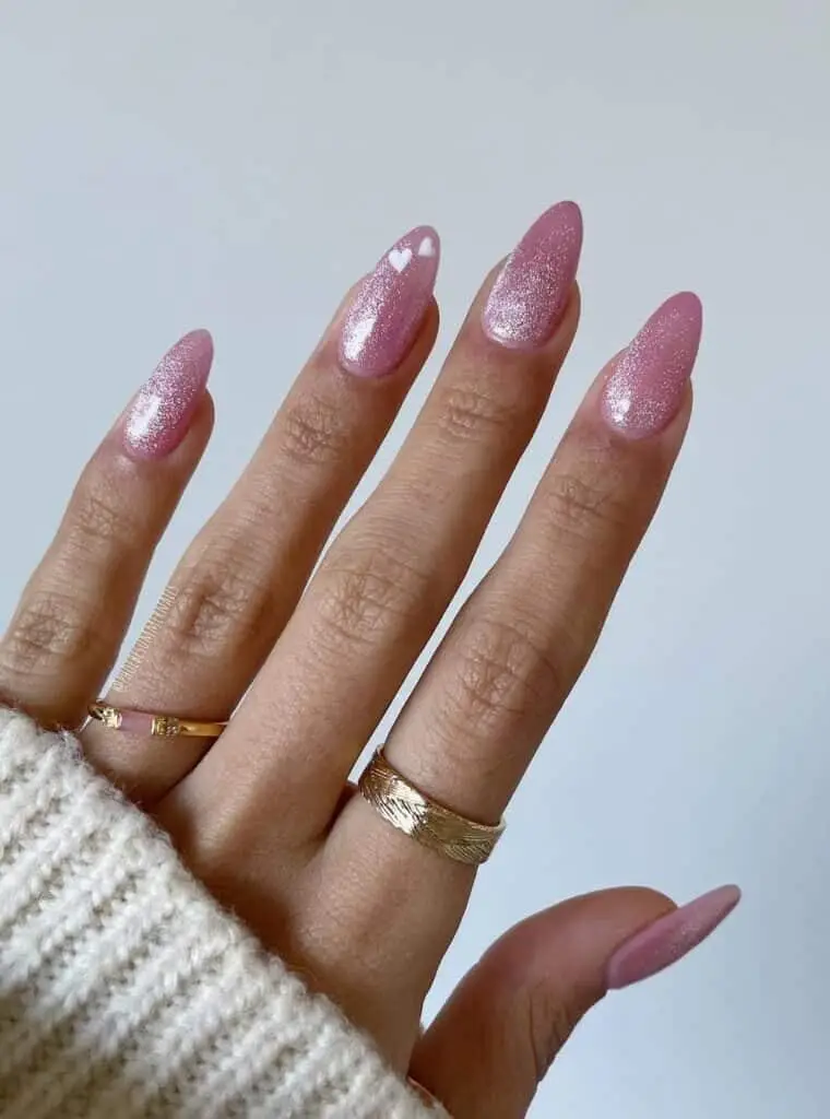 Pink Valentine Nails with Glitter Heart Confetti