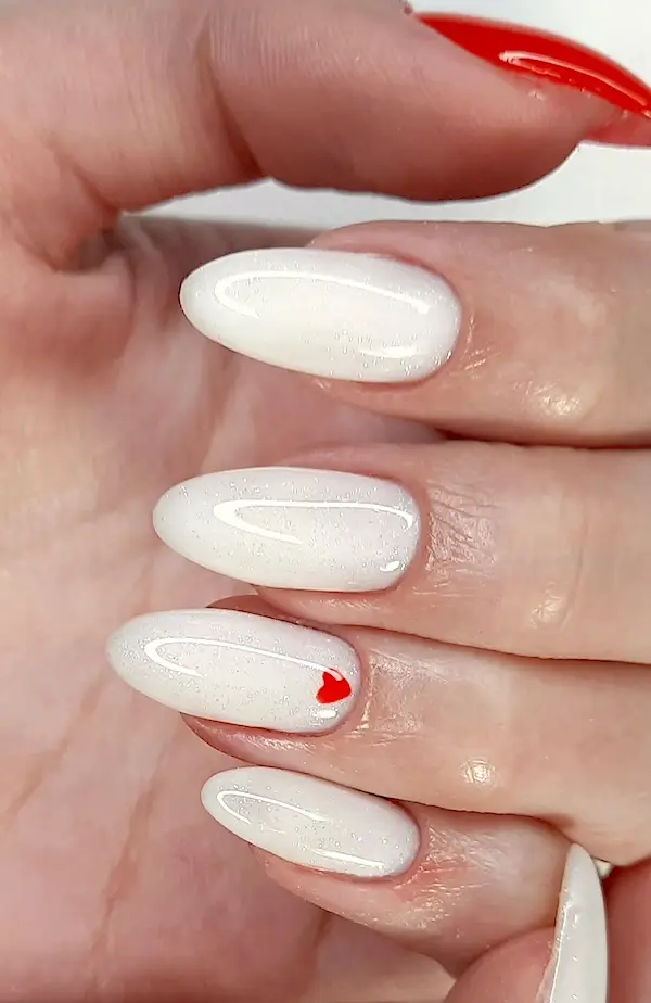 White and Red Heart Almond Nails