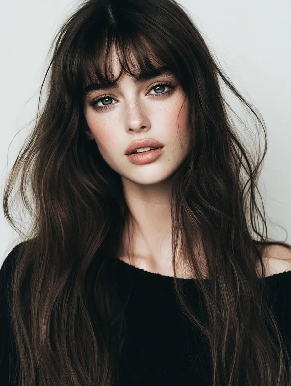 Shaggy hairstyle with messy wispy bangs and copper undertones.