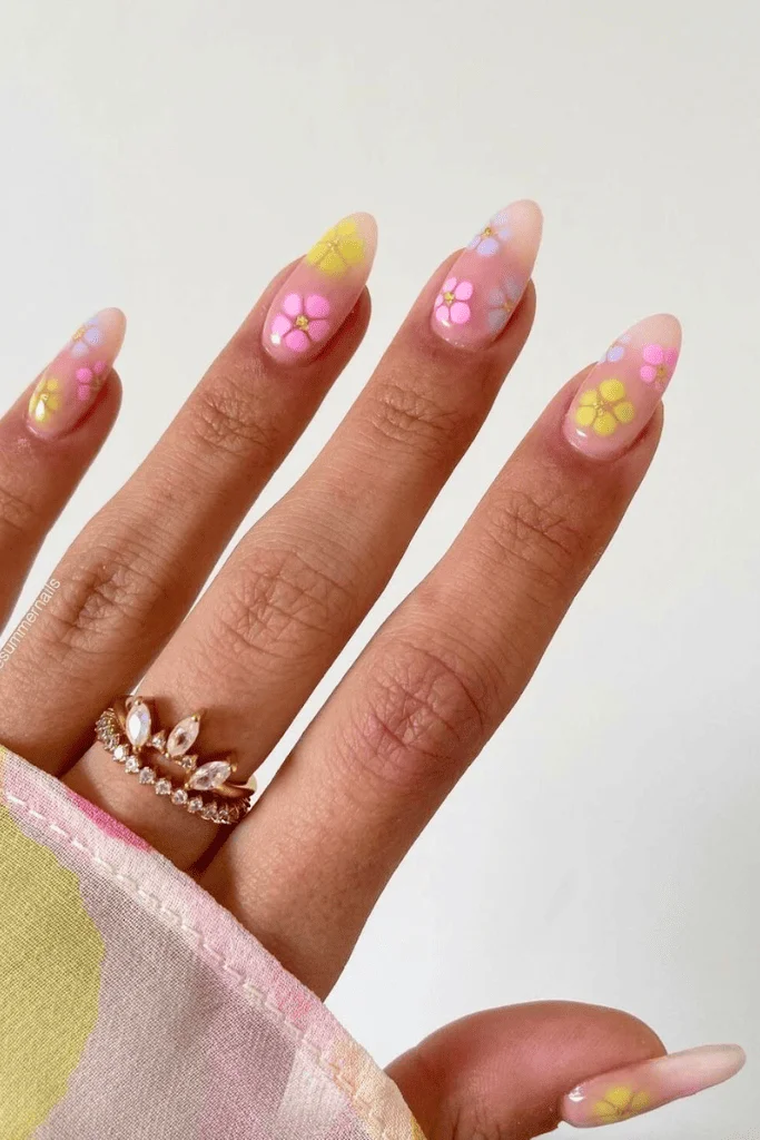 Nude Nails with Pastel Floral Patterns