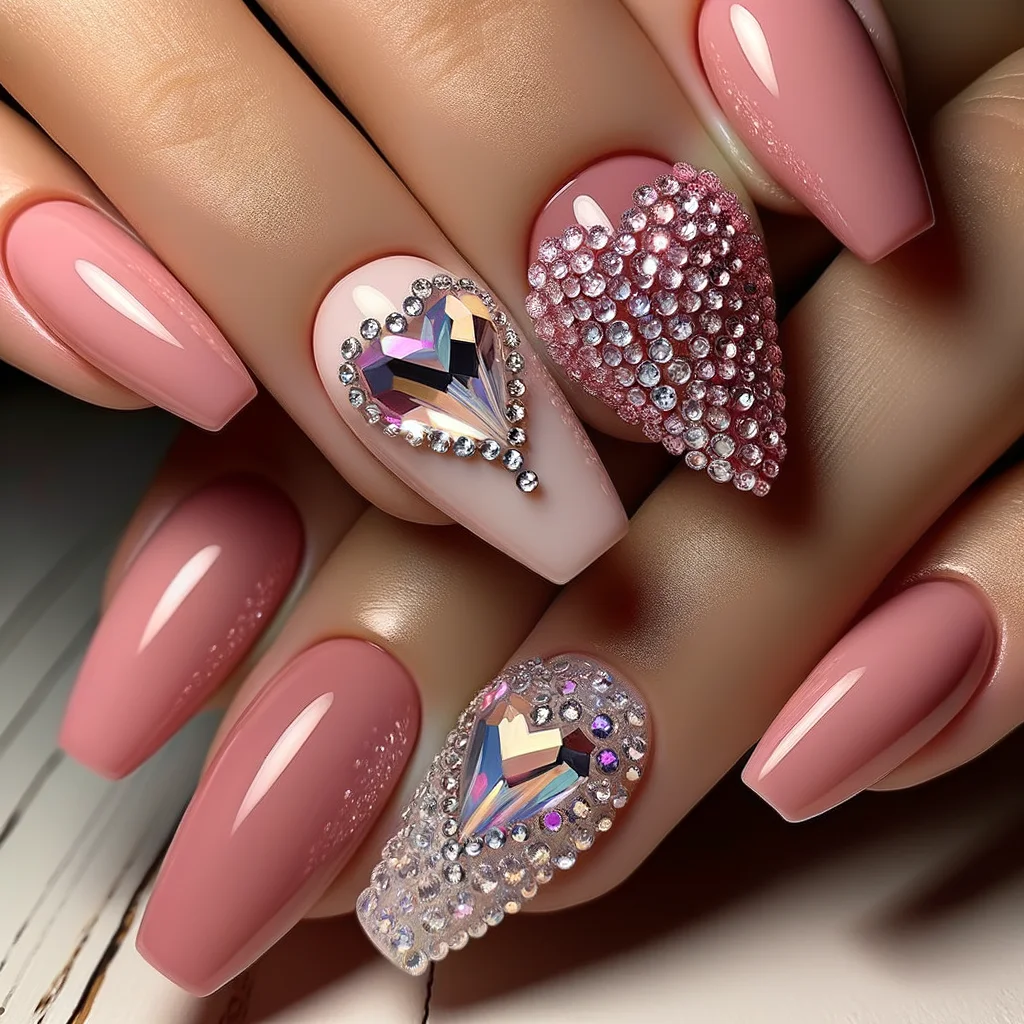 Rhinestone Heart Accent Nail Design