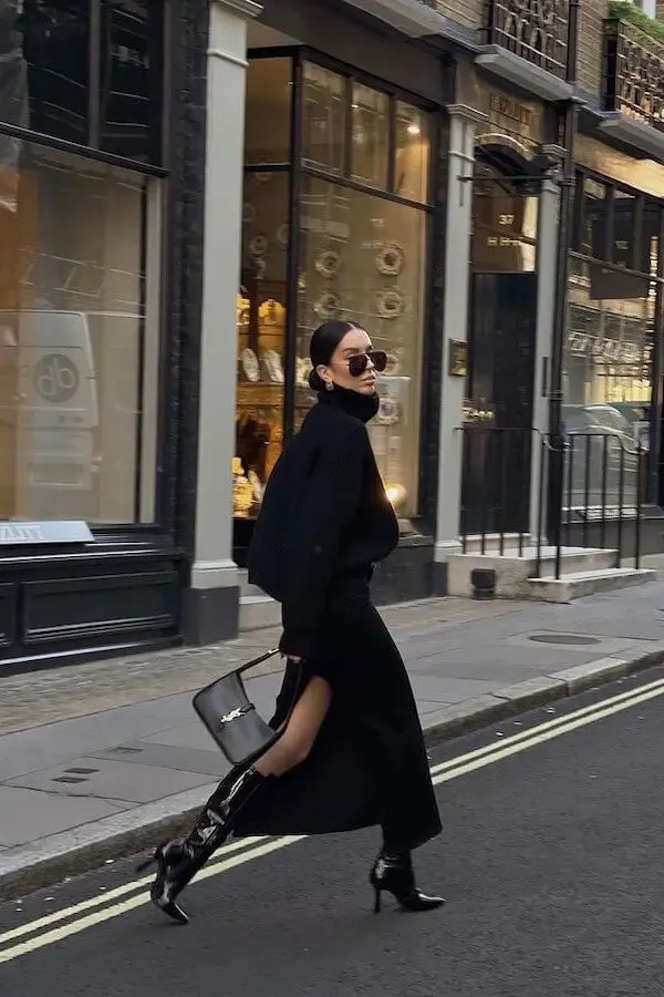 Business casual outfit with a white turtleneck, tailored trousers, and a scarf